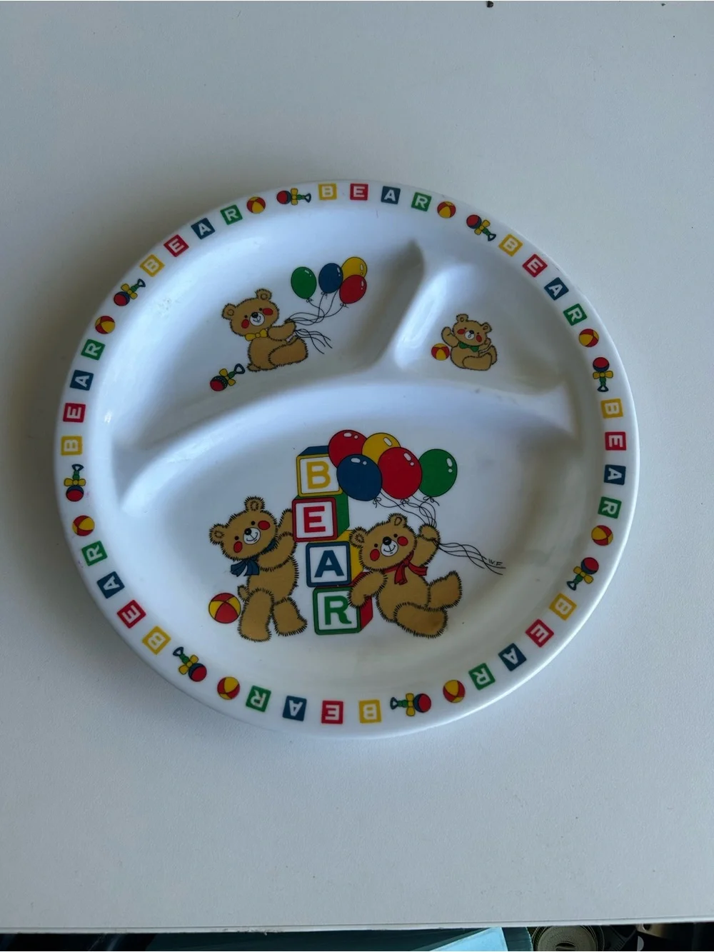 Vintage Divided Kids Plate with Bear & Balloons - White with Multicolor Accents